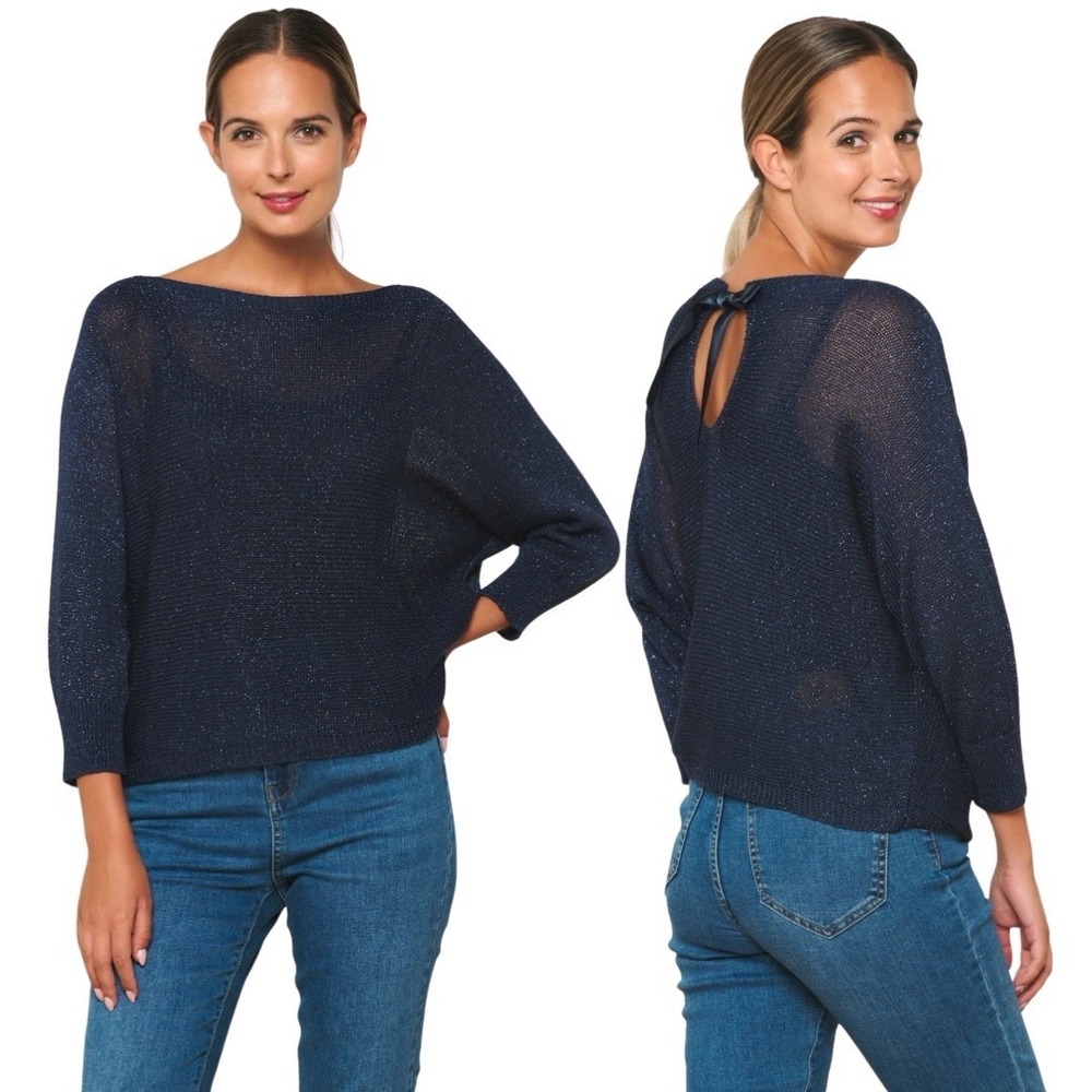 Metallic Made In Italy Lurex Knit Top w/ Ribbon Tie Detail Women's One Size